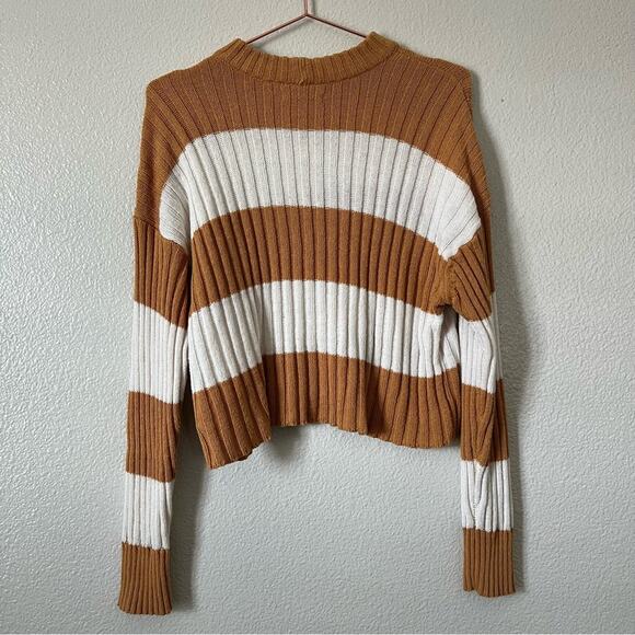 American Eagle Rugby Stripe Ribbed Oversized Crop Sweater Marigold Yellow White - Picture 3 of 5